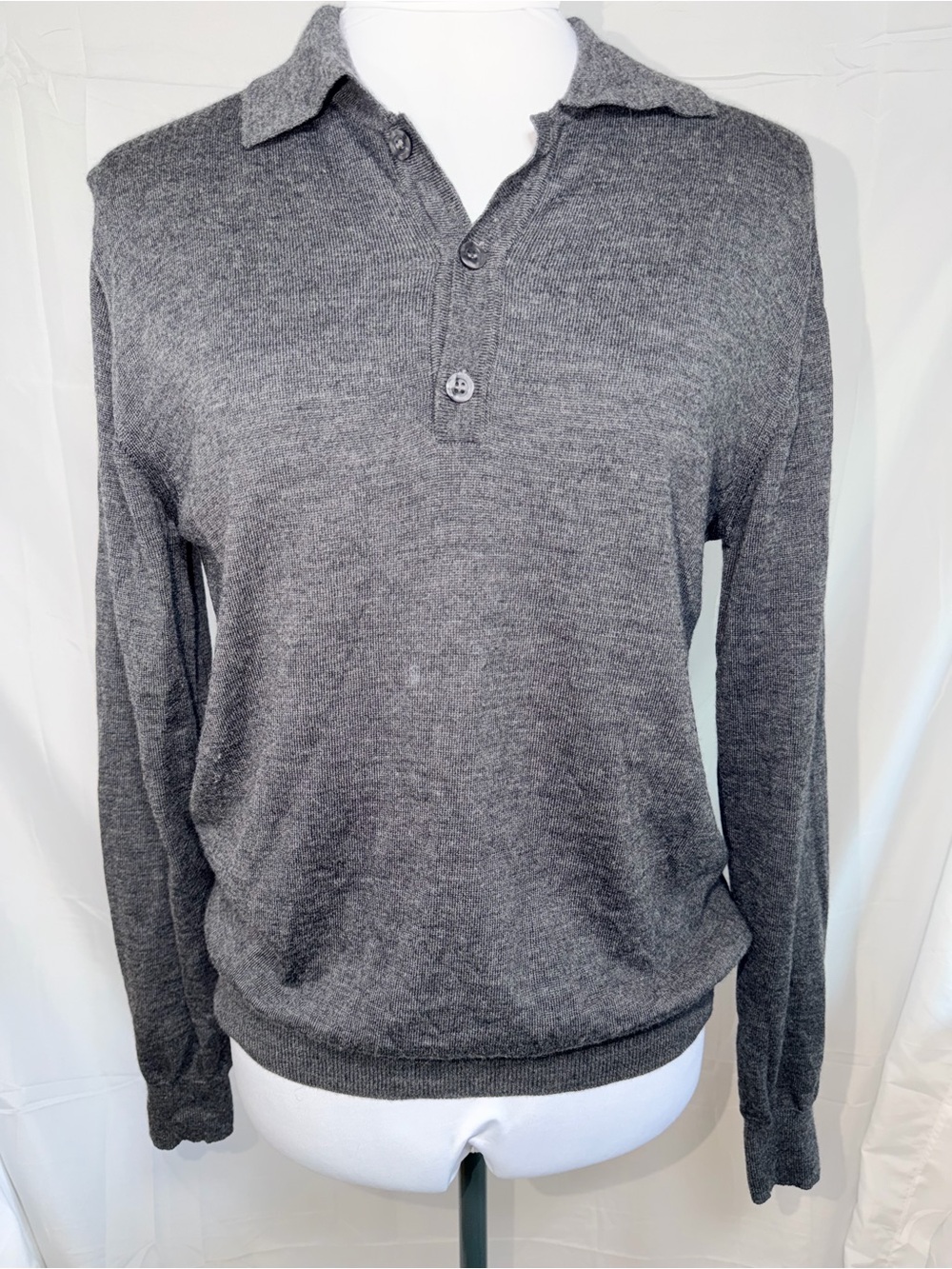 Tahari Men's Extrafine Merino Wool Long Sleeve Knit Polo Sweater Grey